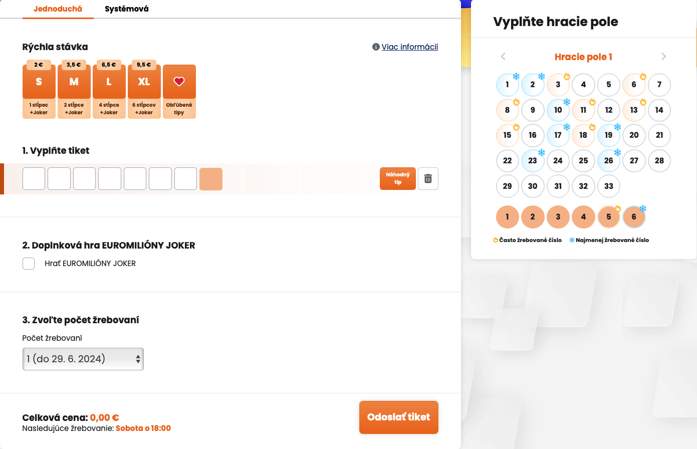 Fotka zobrazuje online rozhrania pre lotériu Euromilióny. Zobrazuje možnosti výberu rôznych veľkostí tiketov (S, M, L, XL), vyplnenie tiketu výberom čísel a doplnkovú hru Euromilióny Joker. Používatelia môžu tiež zvoliť počet žrebovaní a zobraziť často a najmenej žrebované čísla. Celková cena je zobrazená dole spolu s tlačidlom na odoslanie tiketu.